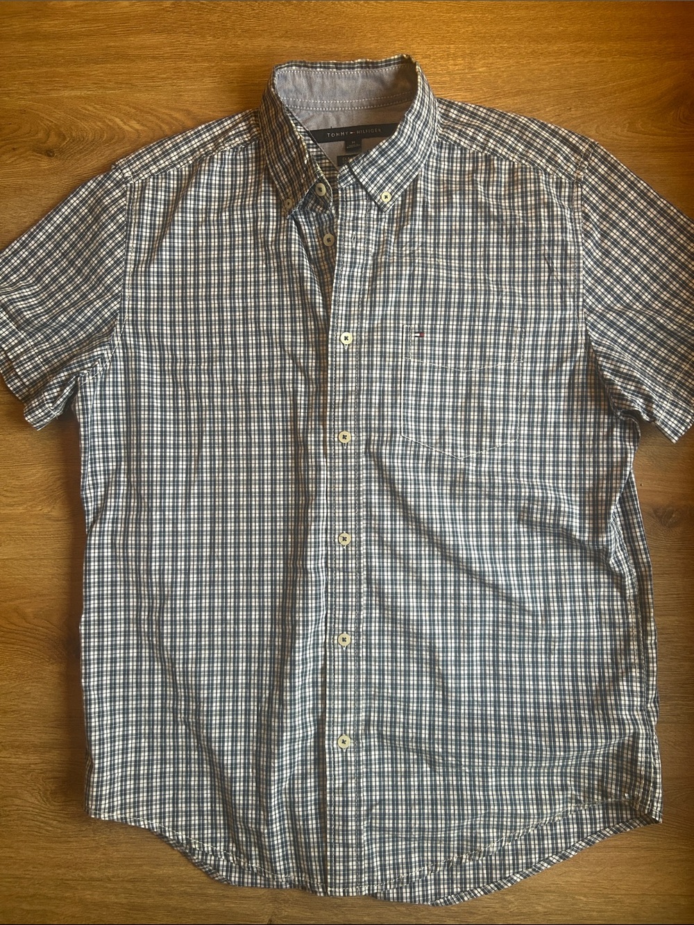 Tommy Hilfiger Men’s Short-Sleeve Blue and White Plaid Button-Down Shirt